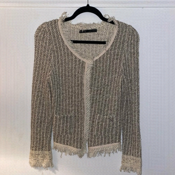 Zara Jackets & Blazers - Zara Cropped Tweed Jacket Embroidery on the Back Frayed Trim Cream Size M